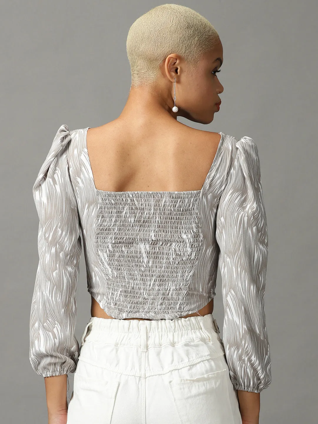 Women's Grey V-Neck Print Crop Top Sublimation Printed Collar