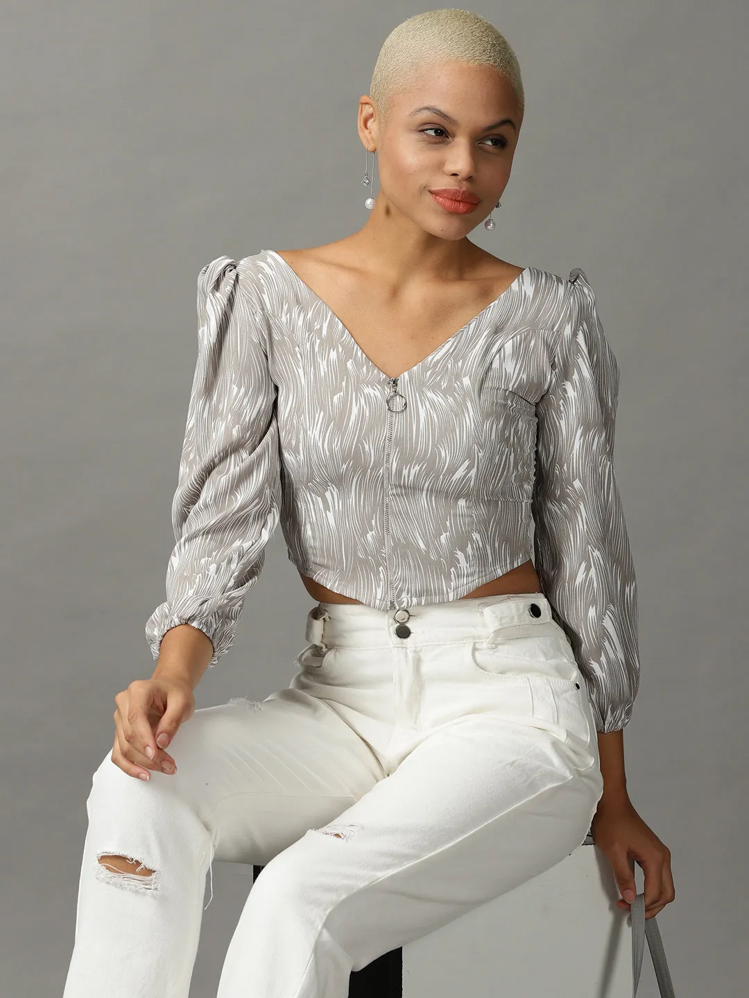 Women's Grey V-Neck Print Crop Top Premium Comfort