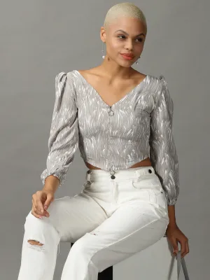 Women's Grey V-Neck Print Crop Top Premium Comfort