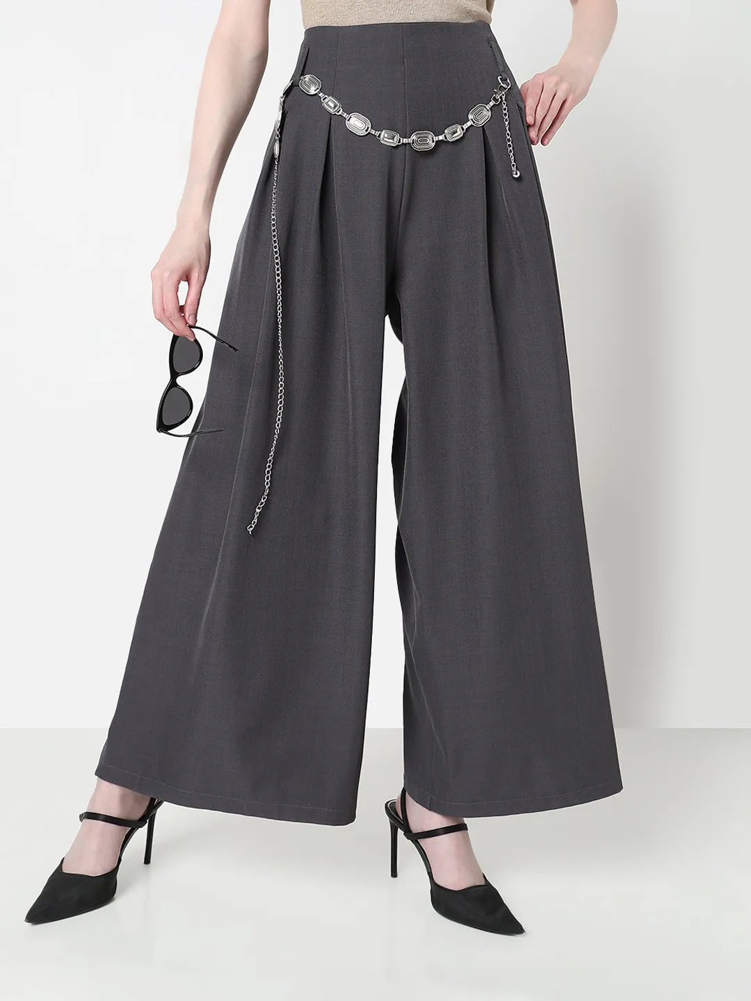 Odor Resistant Minimal Comfort Women's Grey Wide Leg Trousers with Belt