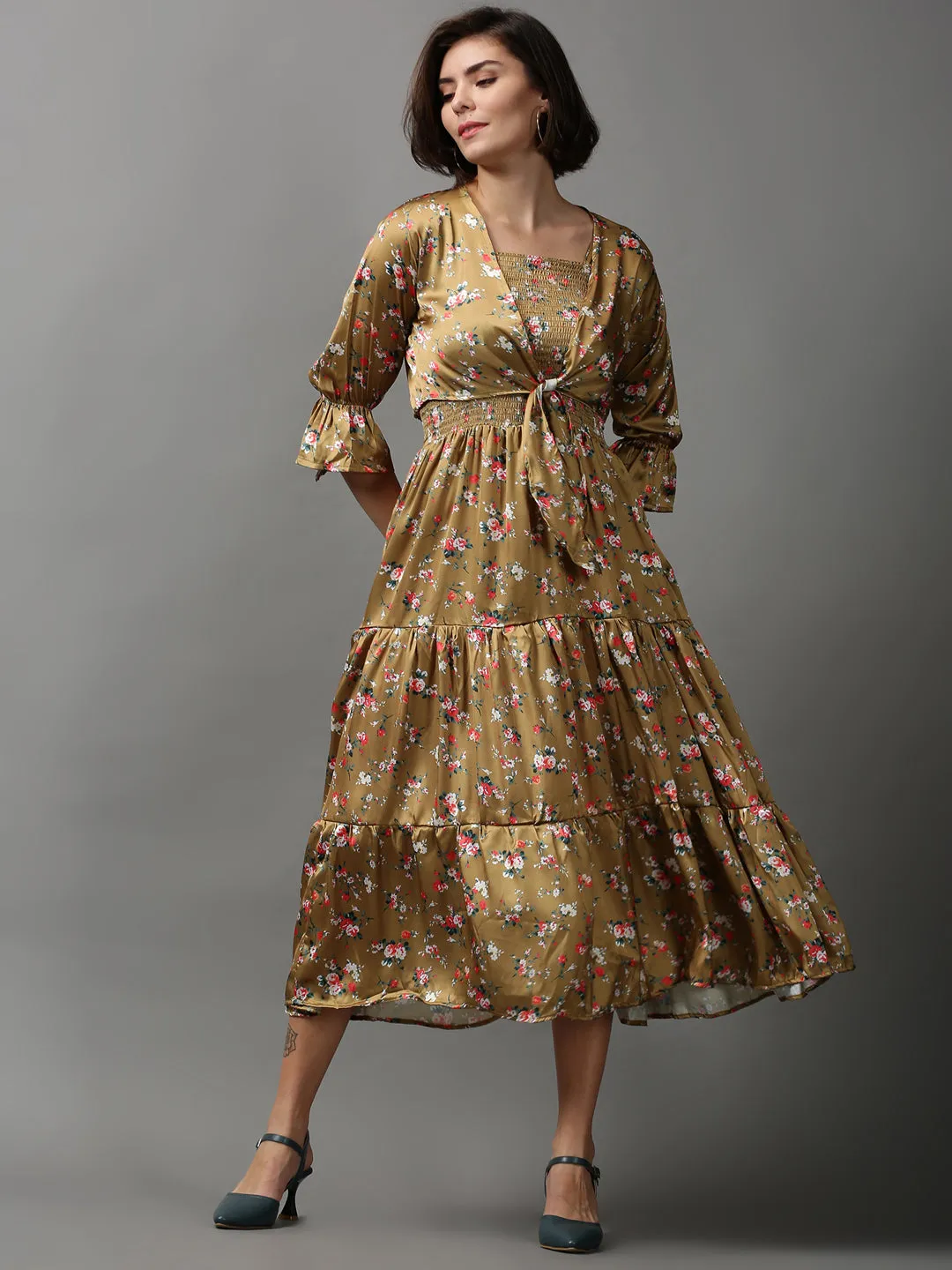 Urban Fit Women's Khaki Floral Printed Tiered Maxi Dress