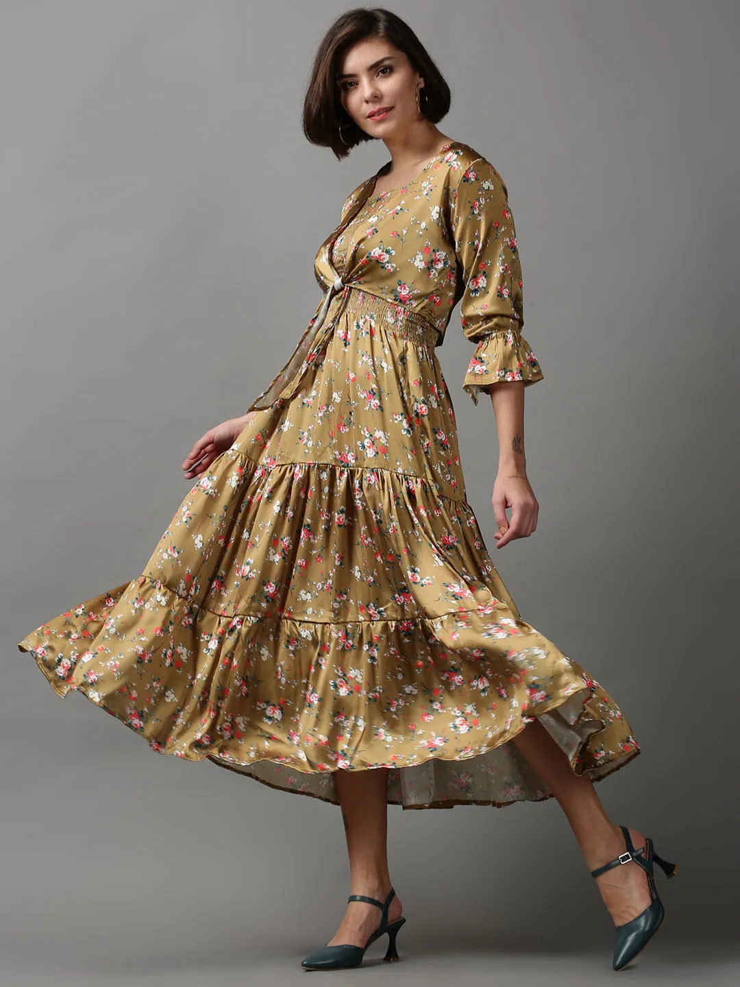 Women's Khaki Floral Printed Tiered Maxi Dress Quick Elegance Eye Catching