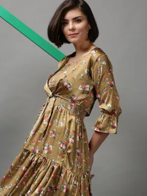 Women's Khaki Floral Printed Tiered Maxi Dress Quilted-Lining Cool Undertone