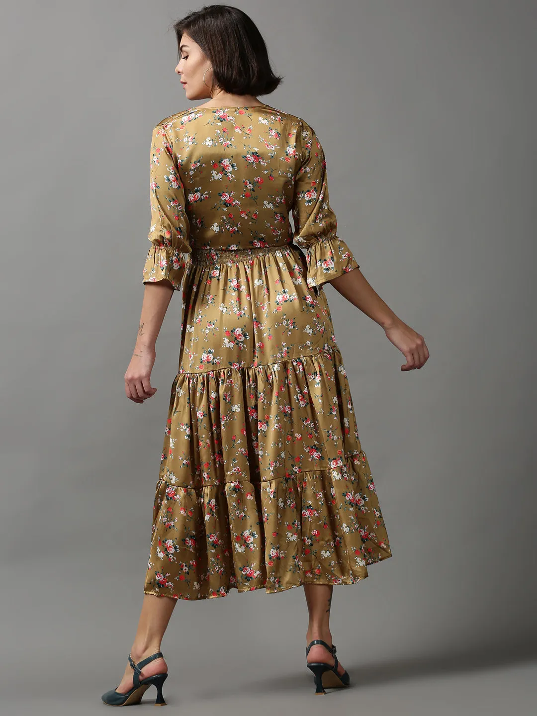 Garden-Party Business casual Women's Khaki Floral Printed Tiered Maxi Dress