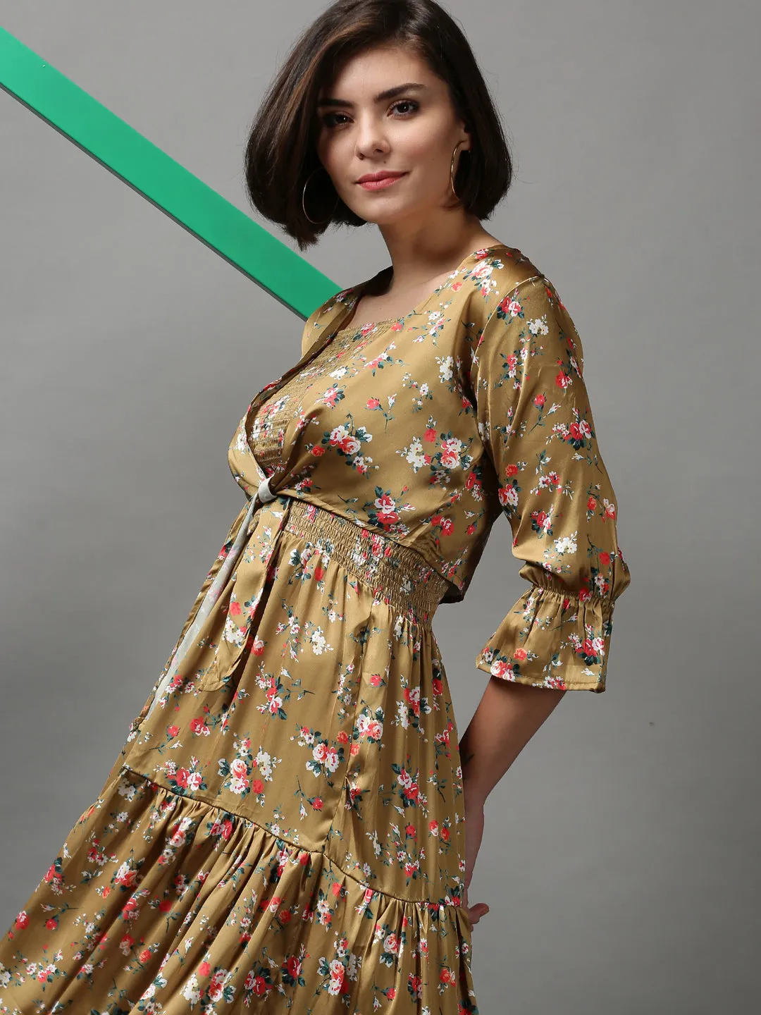 Women's Khaki Floral Printed Tiered Maxi Dress Quilted-Lining Cool Undertone