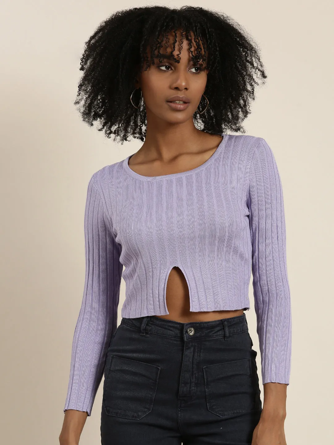 Elastic waist Stylish Wear Women's Lavender Ribbed Cut Outs Cotton Crop Top