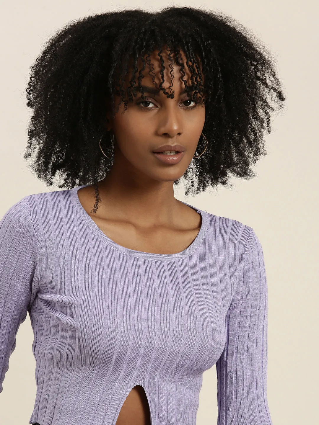 Women's Lavender Ribbed Cut Outs Cotton Crop Top soft look