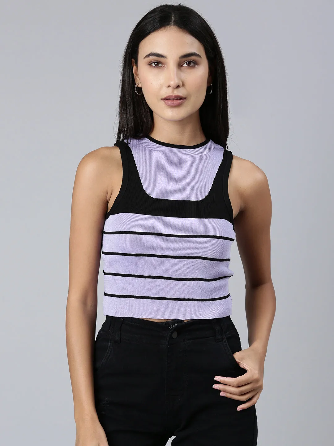 LayeredHemDetails Adaptable Women's Lavender Striped Sleeveless Crop Top
