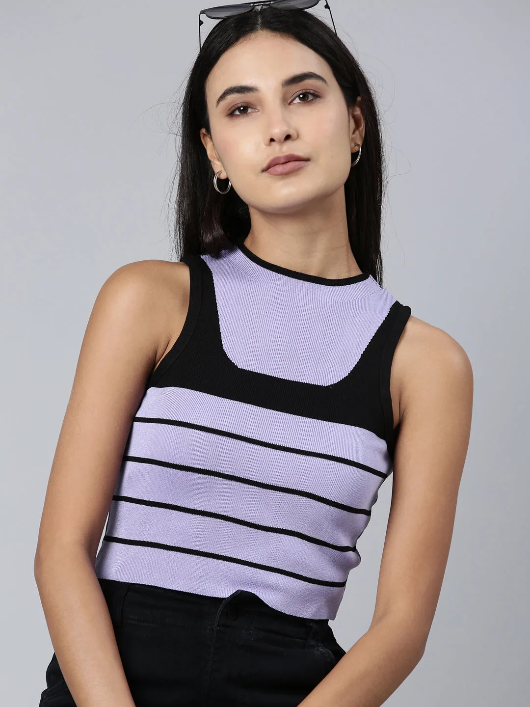 Quick Comfort Design Women's Lavender Striped Sleeveless Crop Top
