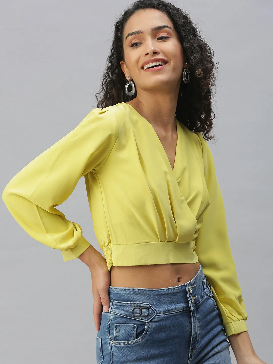 Thermal Regulation Fabric Women's Lime green Crepe Cinched Waist Crop Top