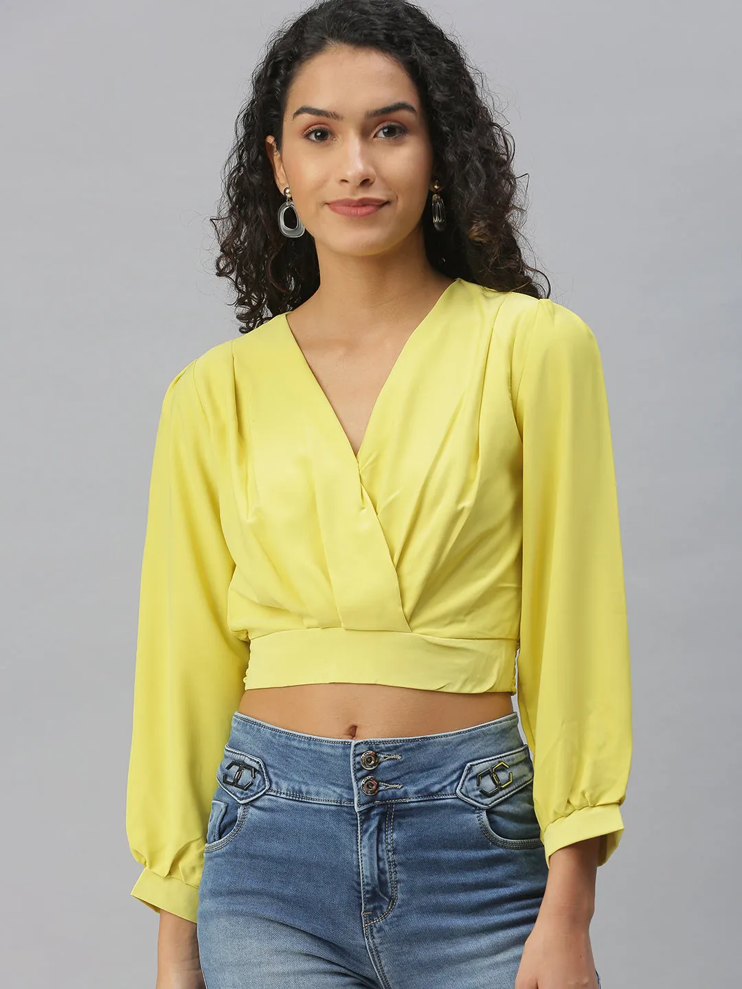 Women's Lime green Crepe Cinched Waist Crop Top kids' Wide Neck Opening