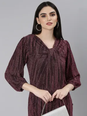 Airy Silk Casual Comfort Women's Magenta Self Designed Cut-Out Detailed V-Neck Puff Sleeves Maxi Dress