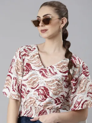 Women's Maroon Abstract Printed Flared Sleeve Blouson Crop Top Set In Sleeve Easy Fit Wear