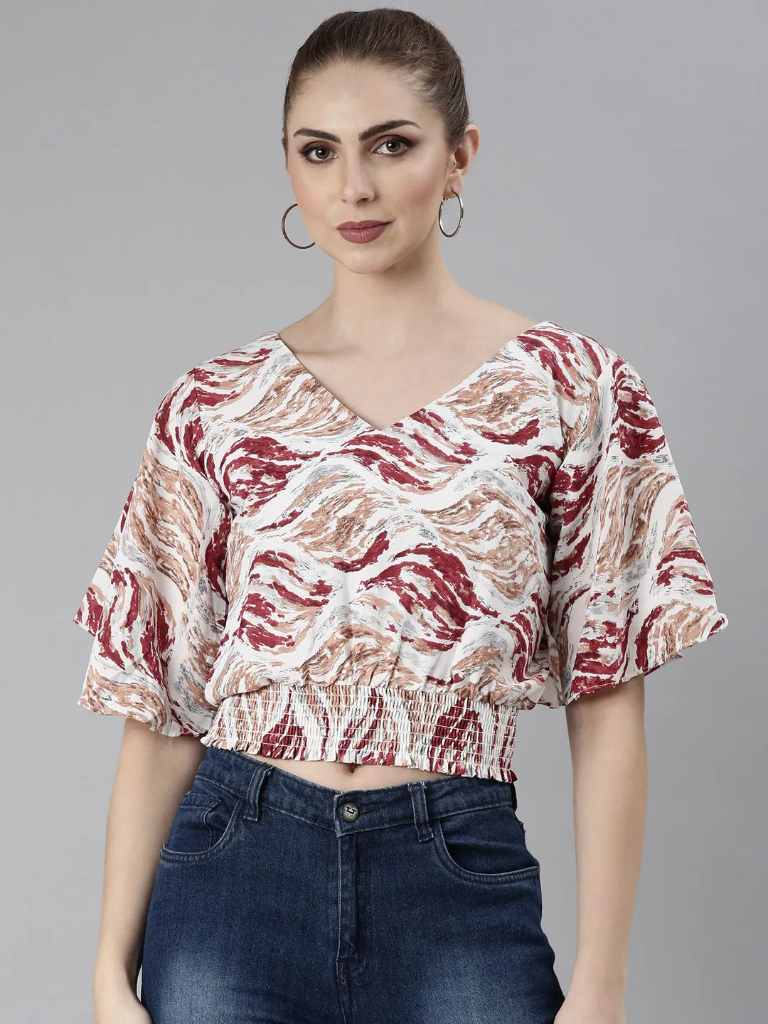 Adjustable Hem Airflow Ventilation Women's Maroon Abstract Printed Flared Sleeve Blouson Crop Top