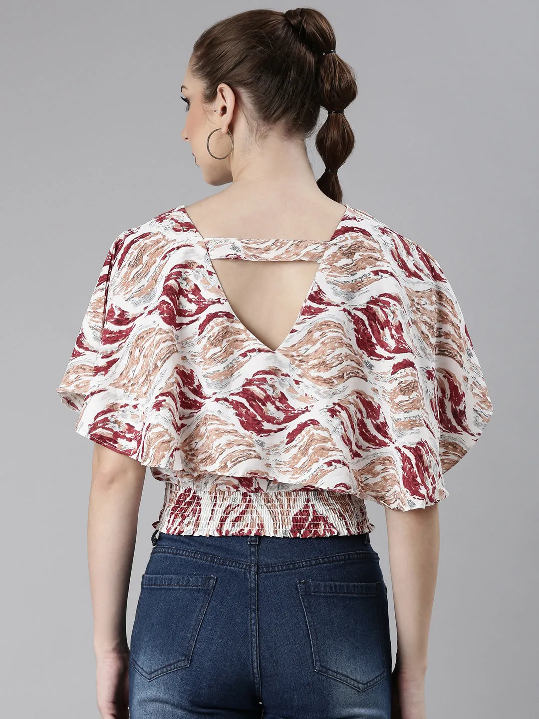 Women's Maroon Abstract Printed Flared Sleeve Blouson Crop Top Anti Pilling Treatment Breathable Material