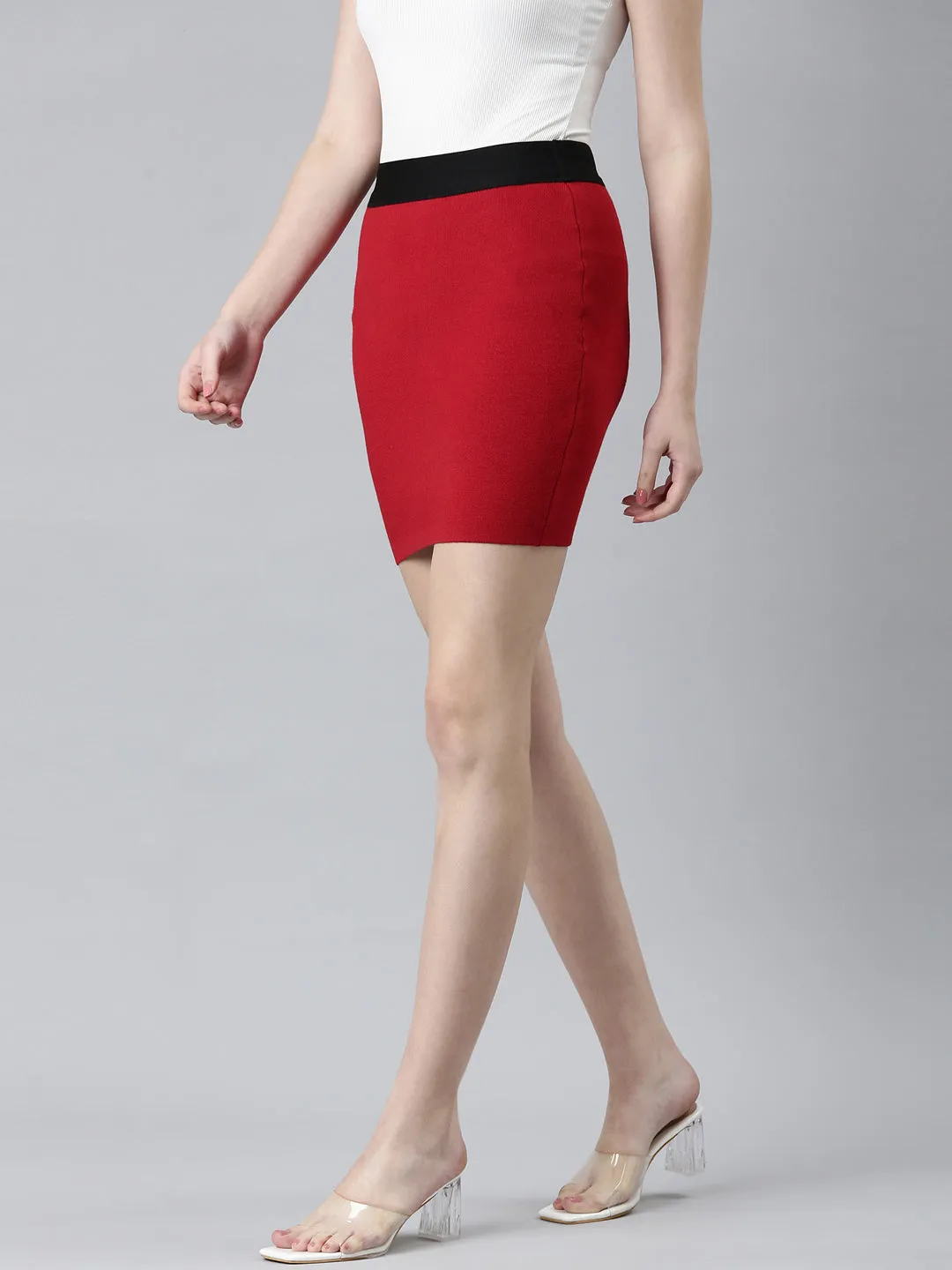 Women's Maroon Mini Pencil Skirt Convertible Length Neat Mood