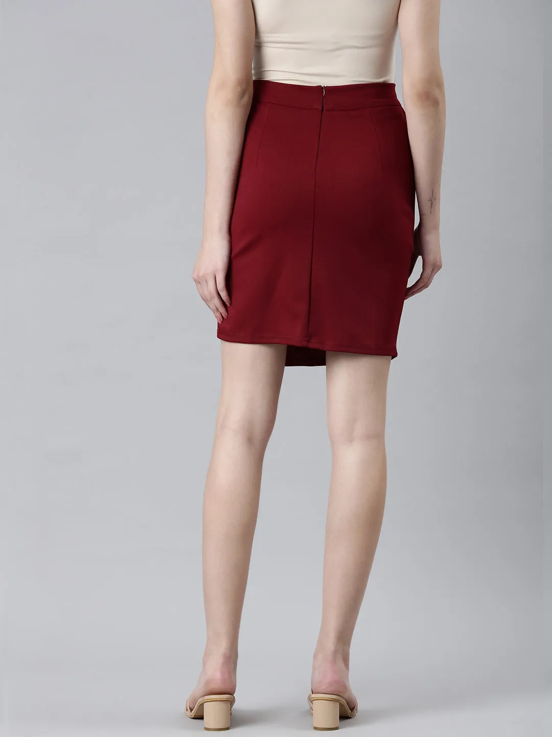 Silk Touch Modest Wear Women's Maroon Pencil Above Knee Skirt