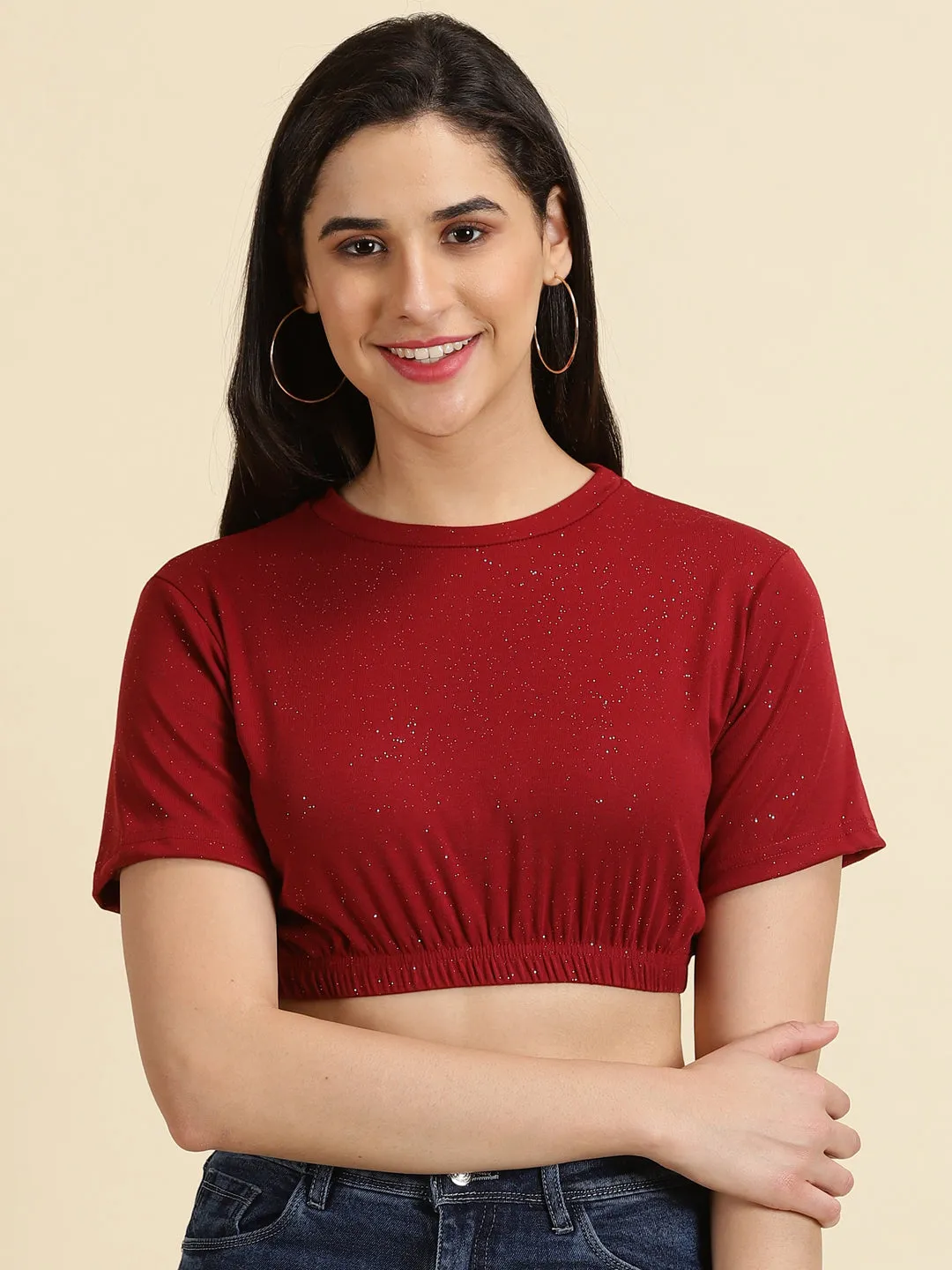 Relaxed Wear Flexible Shoulder Seams Women's Maroon Round Neck Crop Top