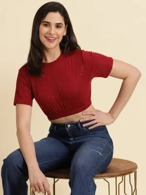 TearResistant Fabric AllWeatherComfort Women's Maroon Round Neck Crop Top