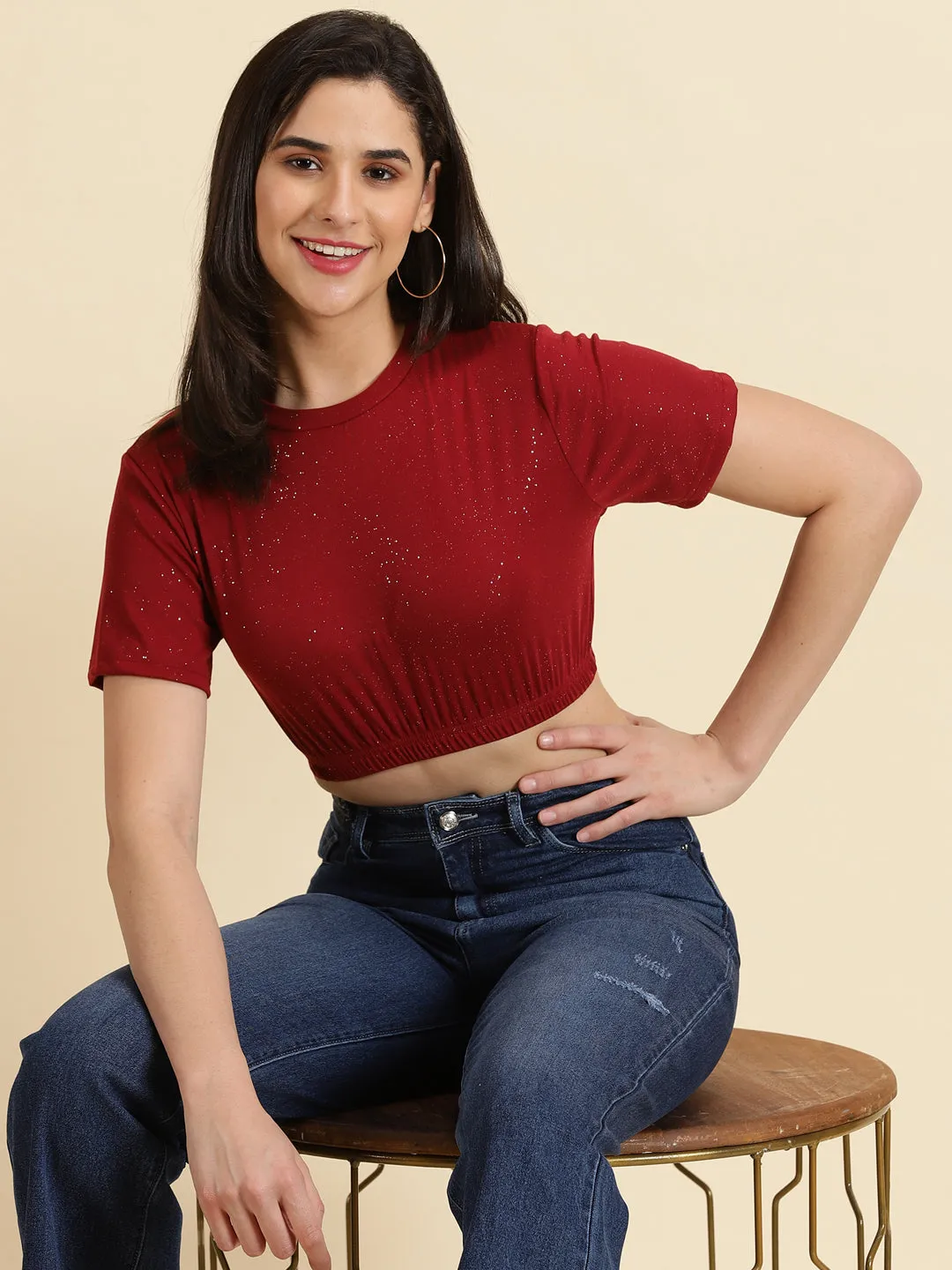 TearResistant Fabric AllWeatherComfort Women's Maroon Round Neck Crop Top
