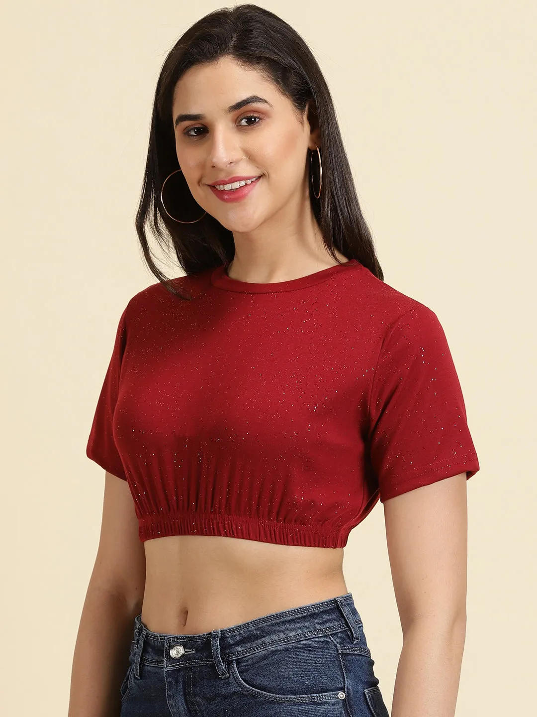 Polka Dot Pattern NonIrritatingTags Women's Maroon Round Neck Crop Top