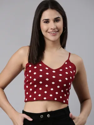 Women's Maroon Shoulder Straps Self Design Cotton Crop Top Fresh Vibes