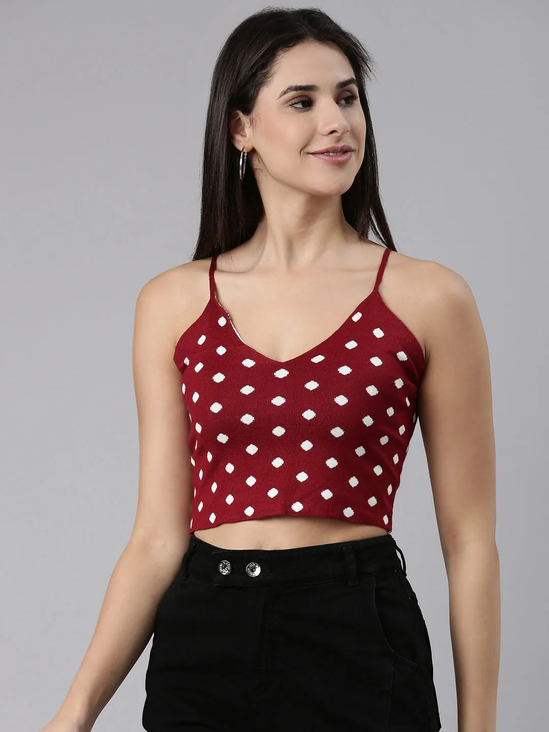 Stretch Wear Anti-static Women's Maroon Shoulder Straps Self Design Cotton Crop Top