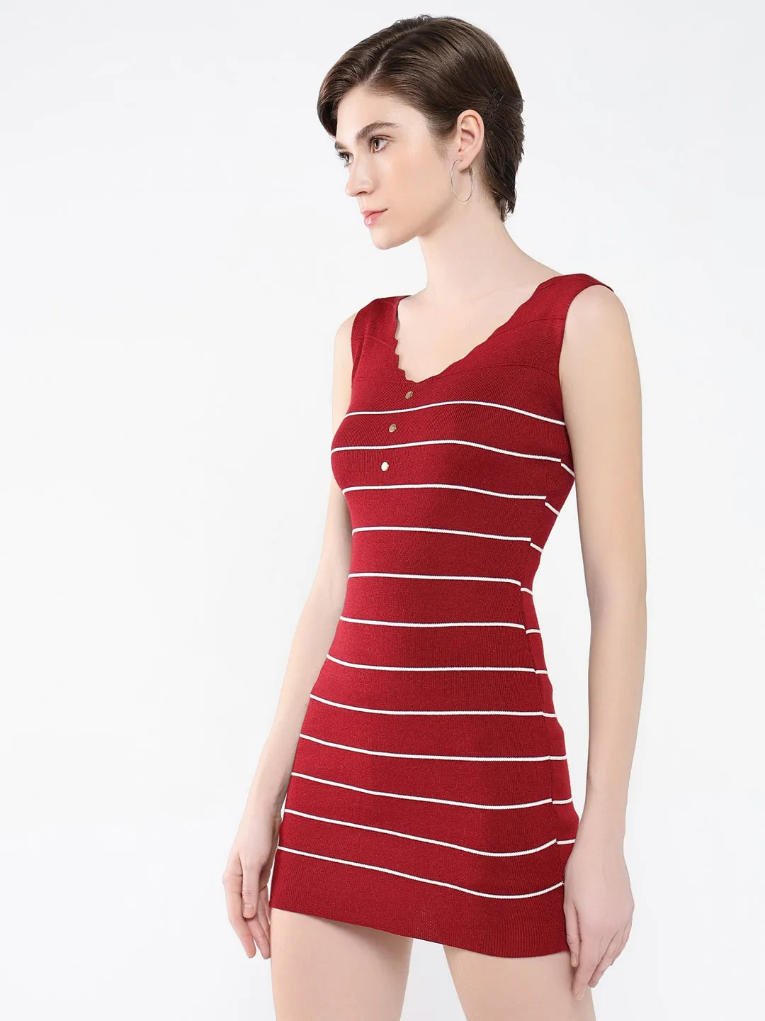 Chill Detail WaterRepellentCoating Women's Maroon Striped Bodycon Dress