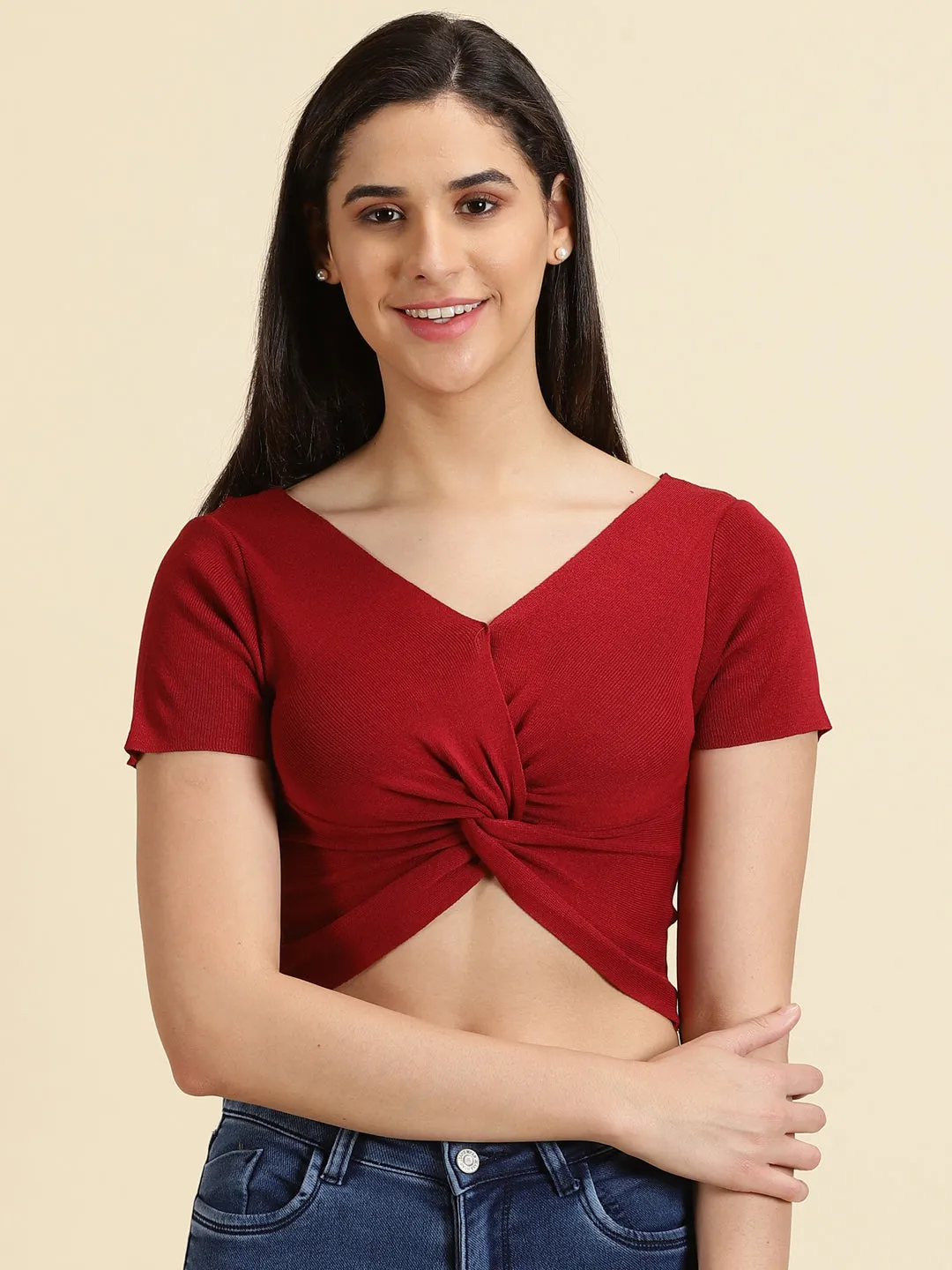 Women's Maroon V-Neck Twisted Fitted Crop Top Lint Resistant Surface