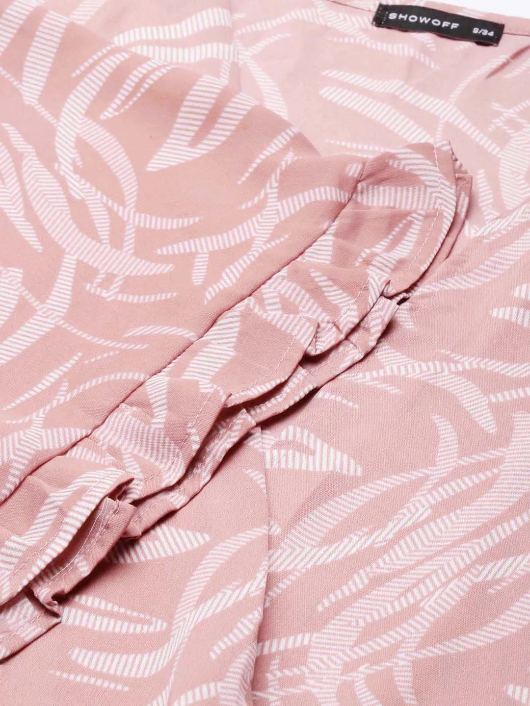 V-Neck Women's Mauve Abstract Printed Flared Sleeves Tie-Ups Wrap Crop Top