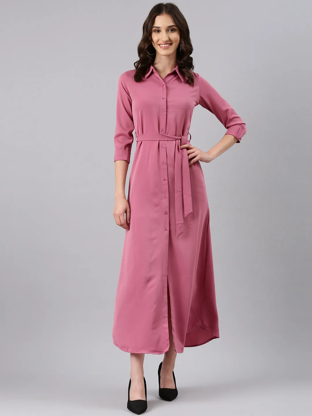 Women's Mauve Belted Georgette Shirt Style Midi Dress Minimalist-Style