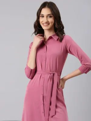 Velvet-Edge Women's Mauve Belted Georgette Shirt Style Midi Dress