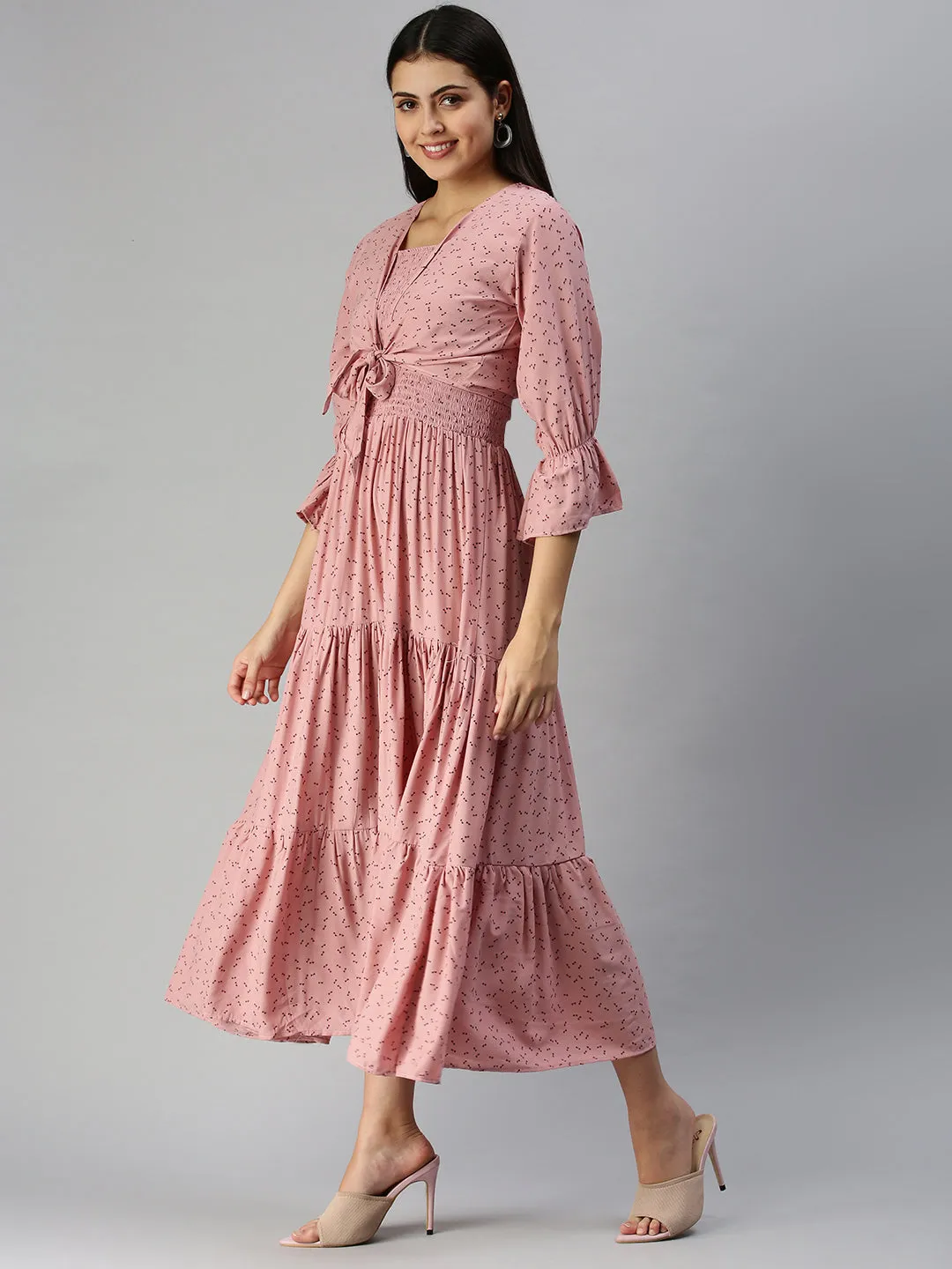 Women's Mauve Ethnic Motifs Crepe A-Line Midi Dress Comfy Comfort Versatile-Style