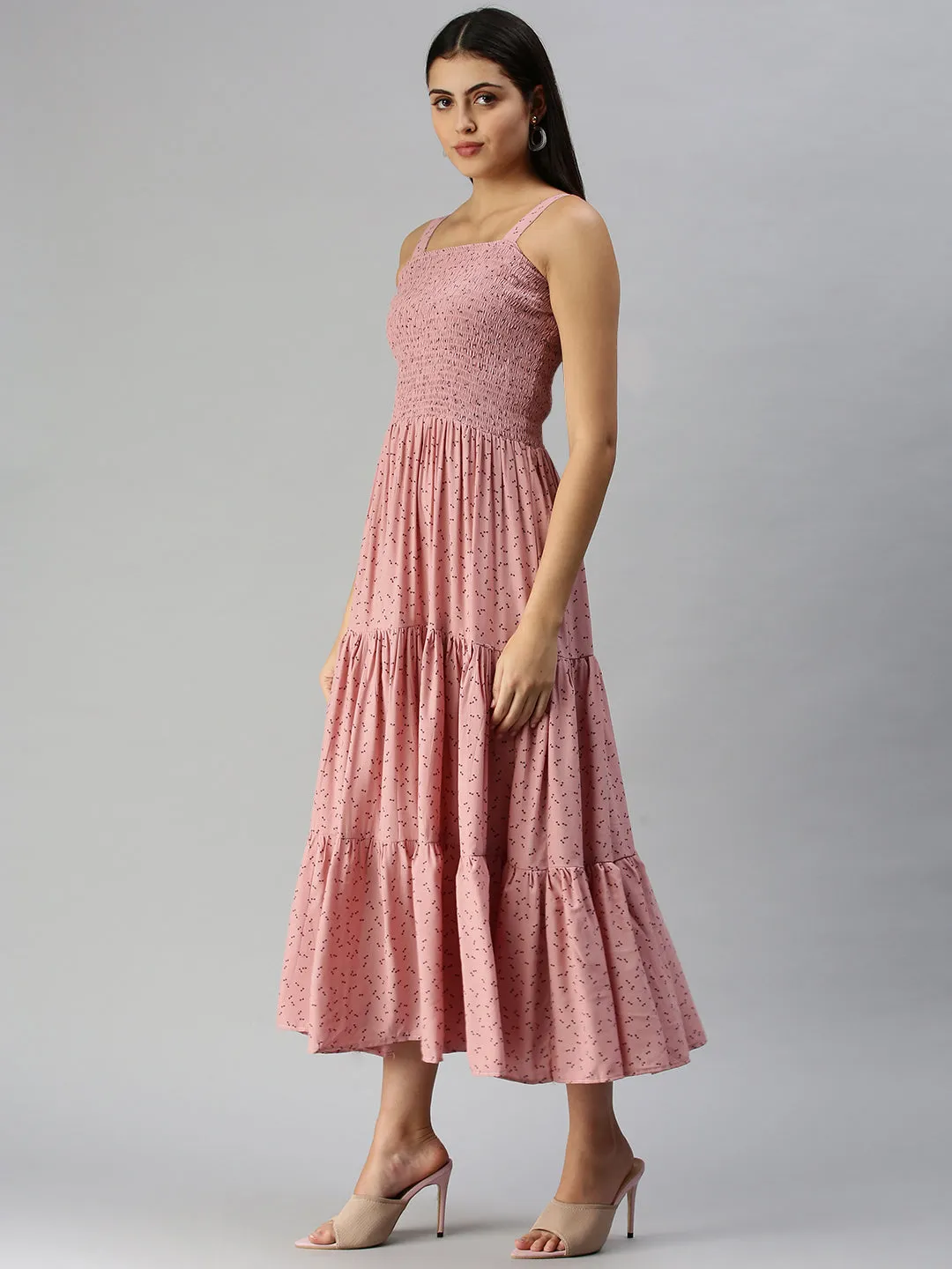 Mini-Length Soft and Stylish Women's Mauve Ethnic Motifs Crepe A-Line Midi Dress