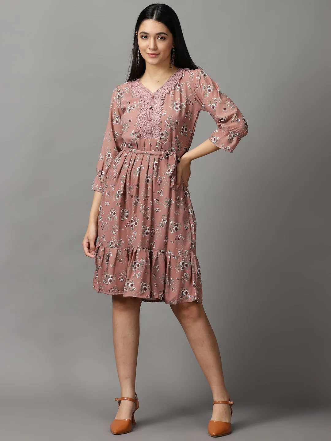 Women's Mauve Floral Fit & Flare Dress Soft-Lining