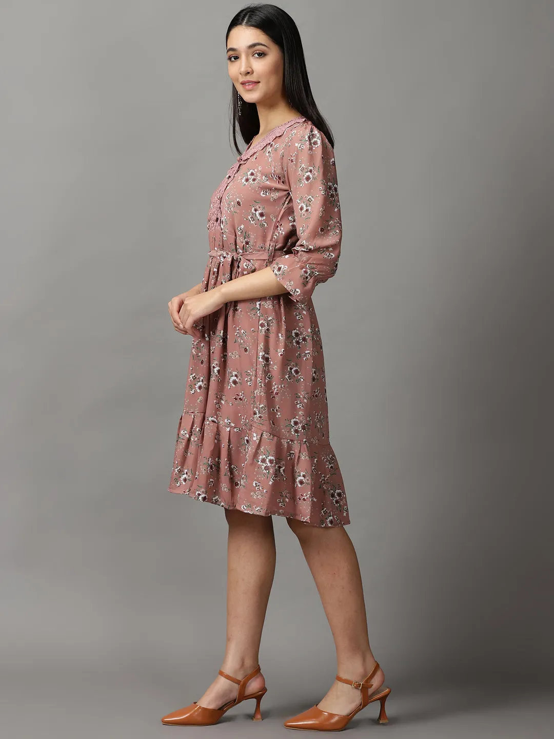 Women's Mauve Floral Fit & Flare Dress Day To Night