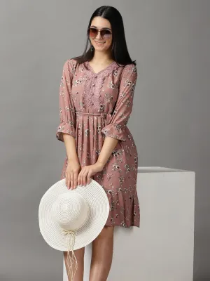 Clean Tone Minimal Design Women's Mauve Floral Fit & Flare Dress