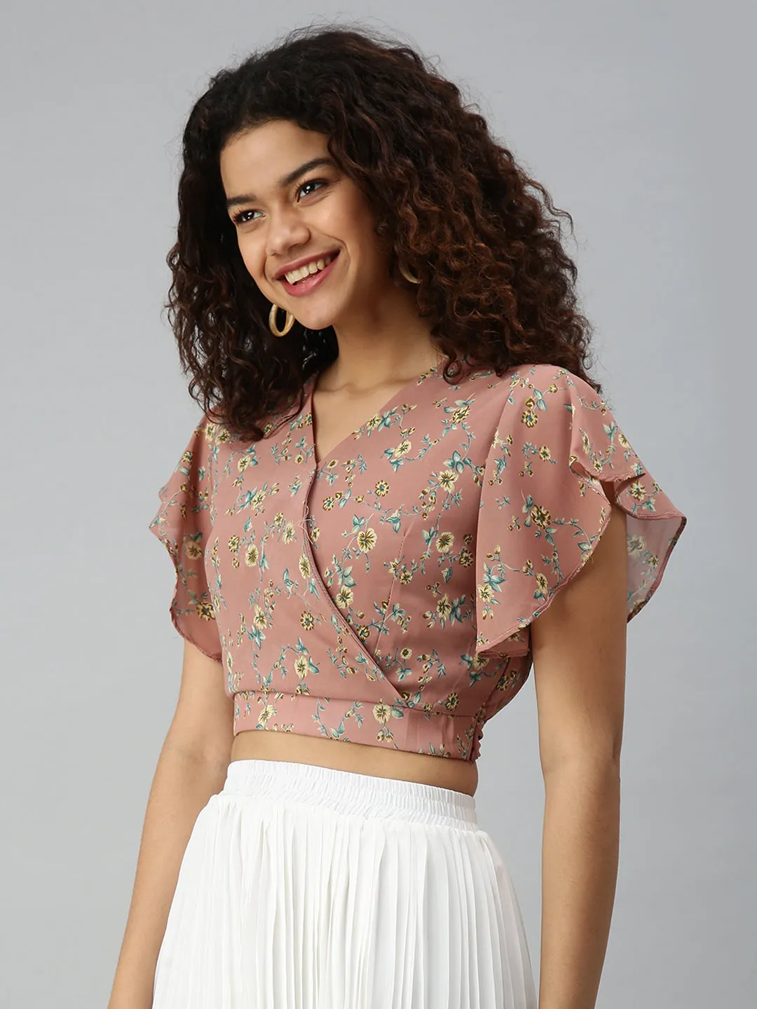 Anti-bacterial Women's Mauve Floral Print Georgette Wrap Crop Top