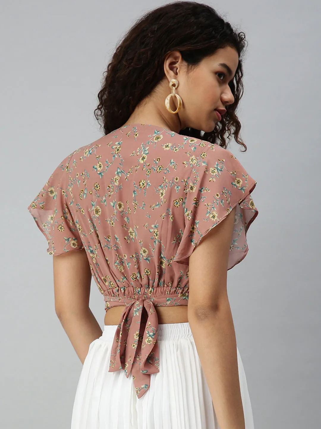 Women's Mauve Floral Print Georgette Wrap Crop Top FadeResistant Coating