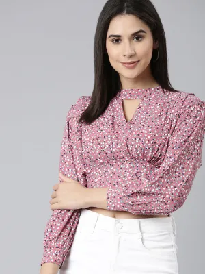 Women's Mauve Floral Printed Keyhole Neck Puff Sleeves Cinched Waist Crop Top Street Style Ribbed Neckline