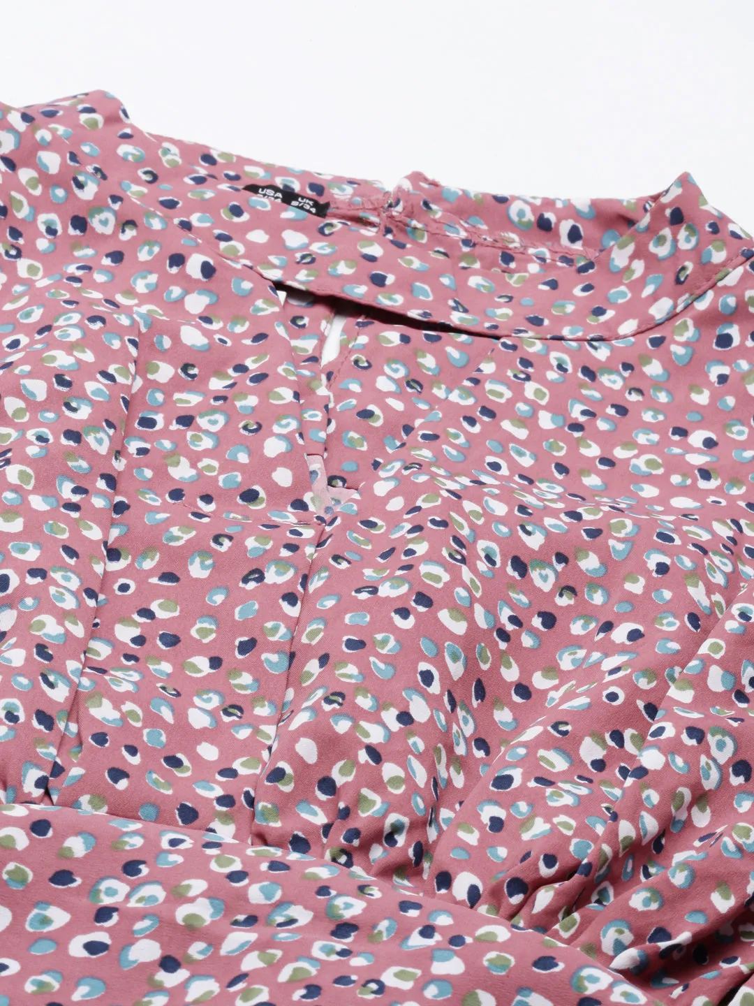 Women's Mauve Floral Printed Keyhole Neck Puff Sleeves Cinched Waist Crop Top Daily Comfort Style