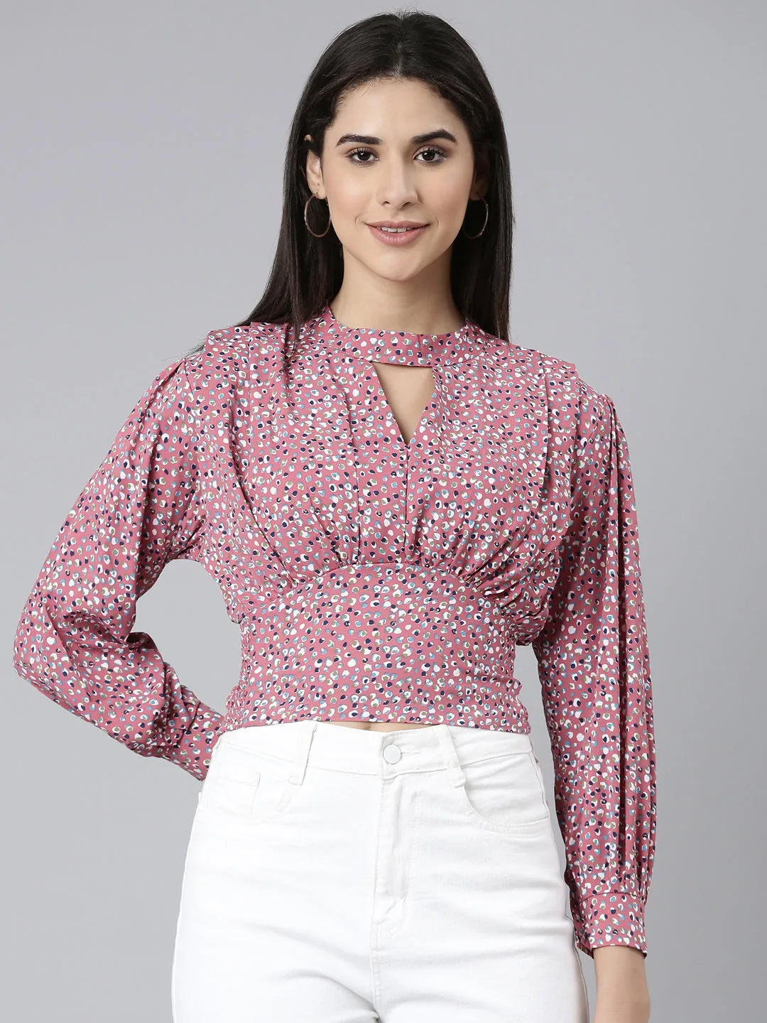 Effortless Layer Women's Mauve Floral Printed Keyhole Neck Puff Sleeves Cinched Waist Crop Top