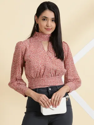 Job Interview Embroidered Details Women's Mauve Print Keyhole Neck Chiffon Crop Top