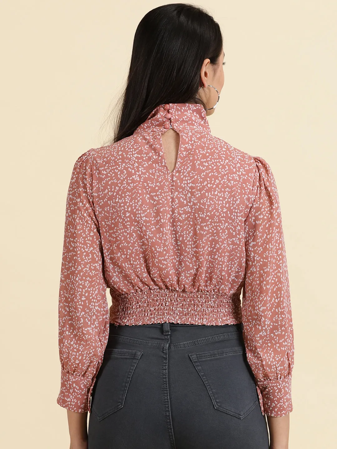 Women's Mauve Print Keyhole Neck Chiffon Crop Top birthday party Casual Flex