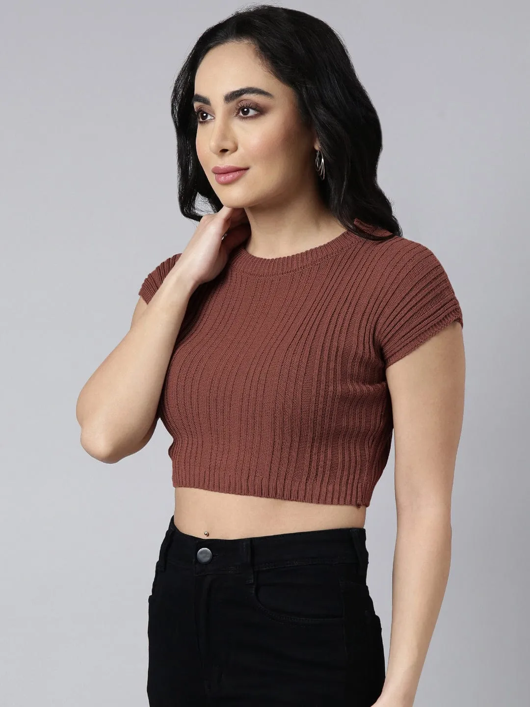 Women's Mauve Round Neck Fitted Crop Top High Density Fabric