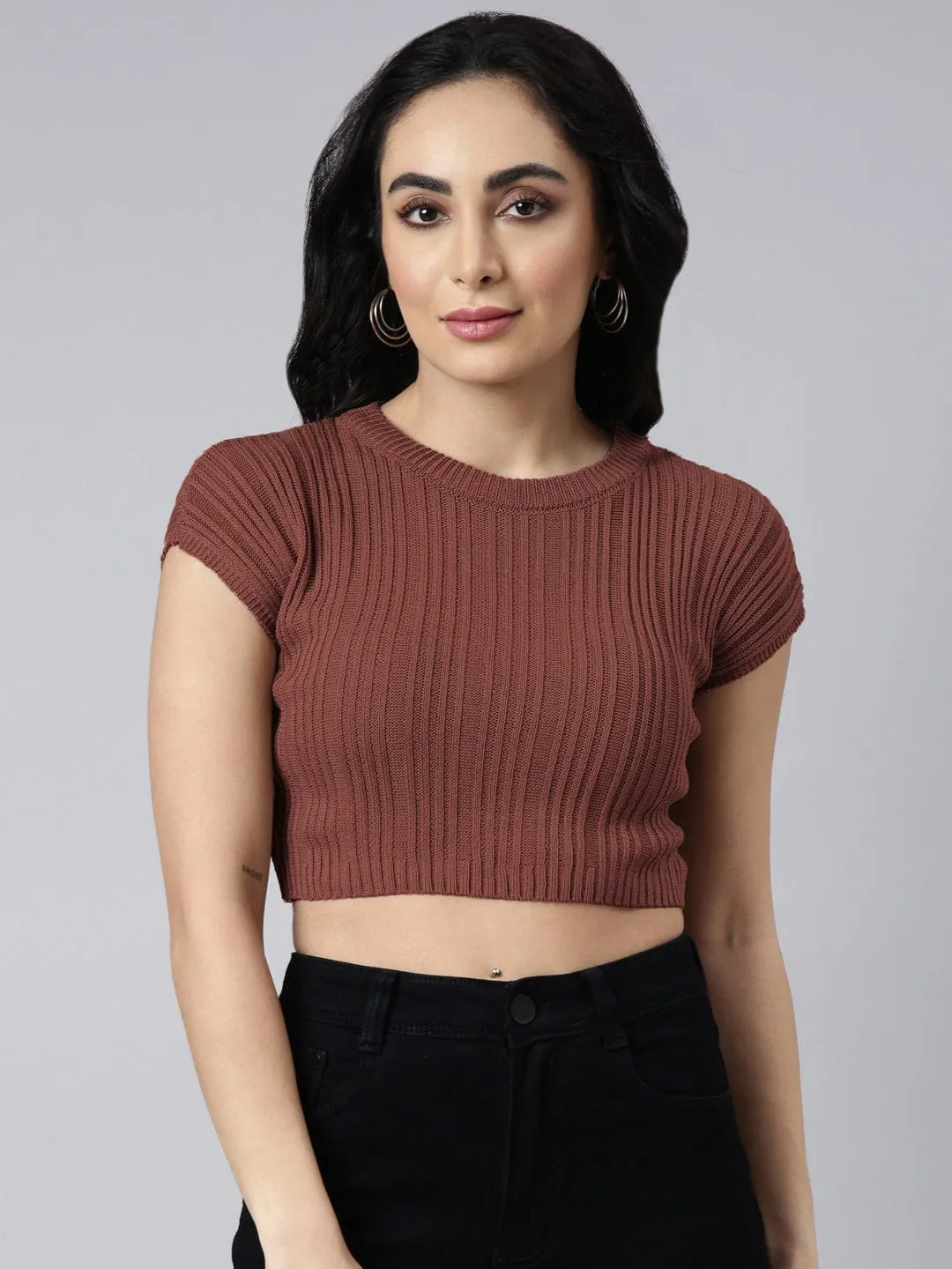 Women's Mauve Round Neck Fitted Crop Top Casual Style Wear Breathable Performance