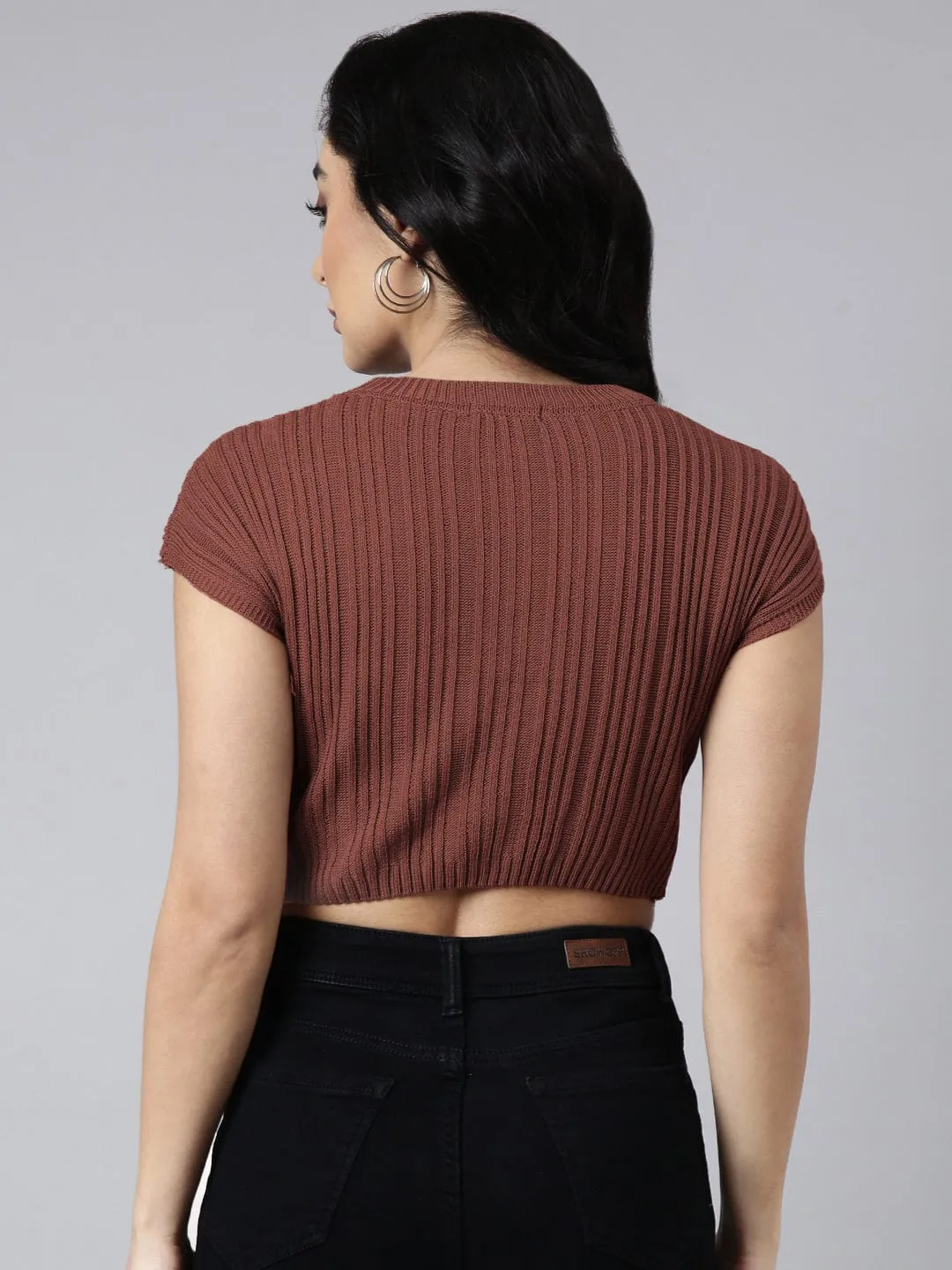 Women's Mauve Round Neck Fitted Crop Top Flexible Collar