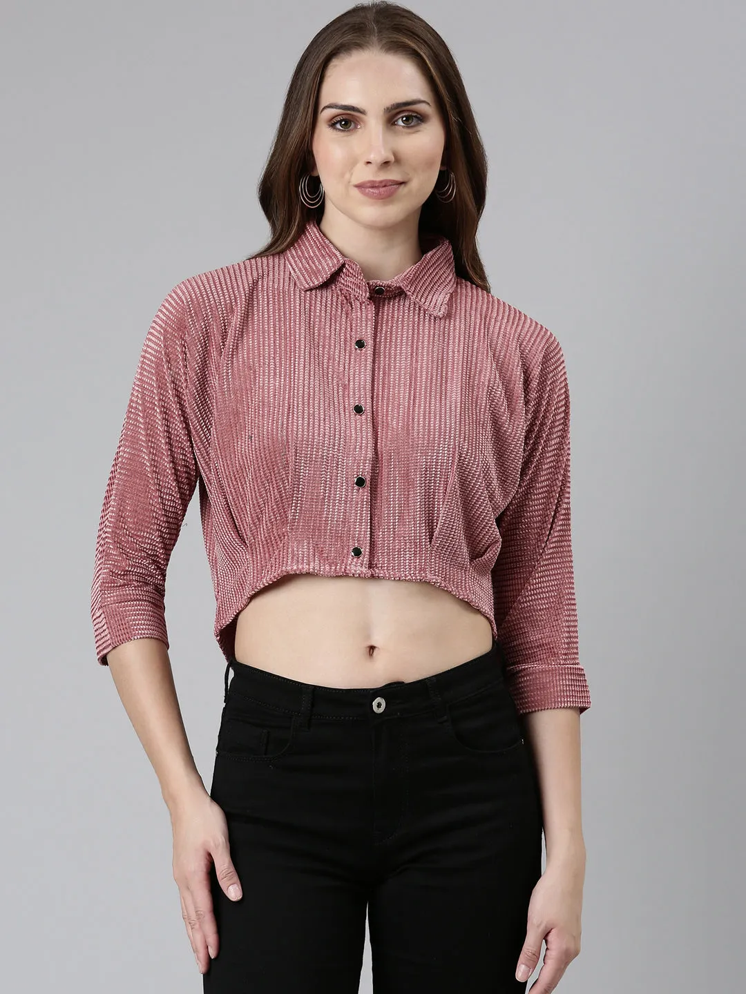 Women's Mauve Self Design Shirt Style Crop Top Chic Style Trend