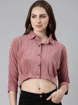 Sporty Look Wear Women's Mauve Self Design Shirt Style Crop Top