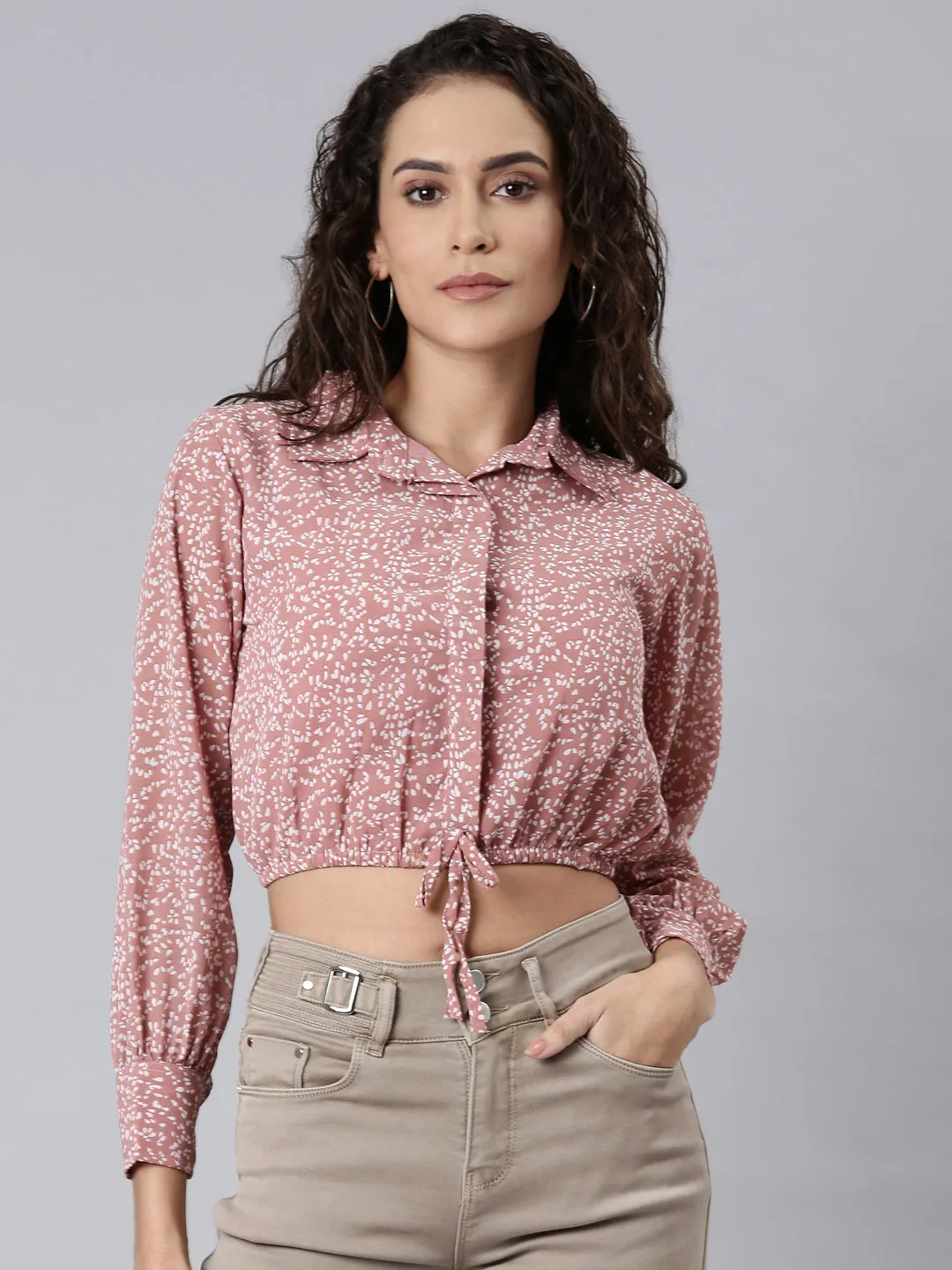 Easy Fit Wear Women's Mauve Shirt Collar Cuffed Sleeves Tie-Ups Shirt Style Crop Top